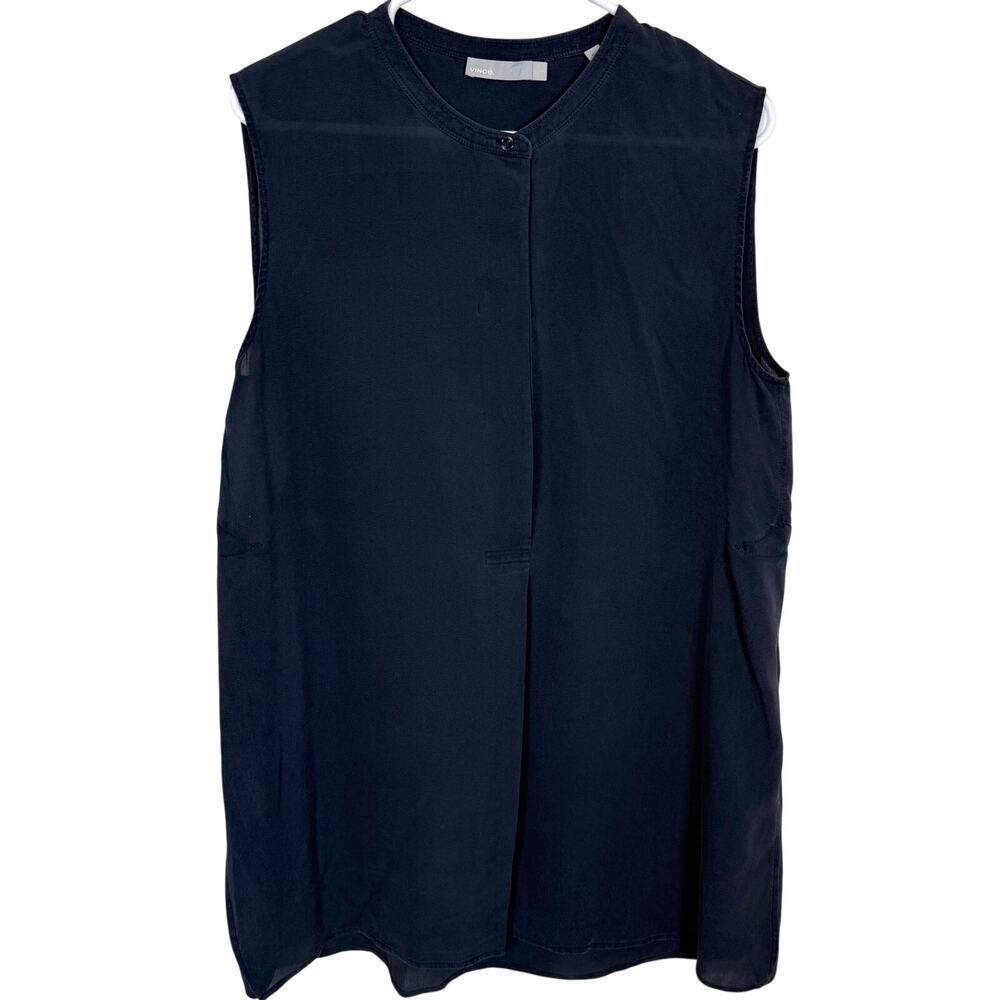 Vince 100% Silk Mandarin Collar Sleeveless Tunic Navy Blue Size Large VGUC
